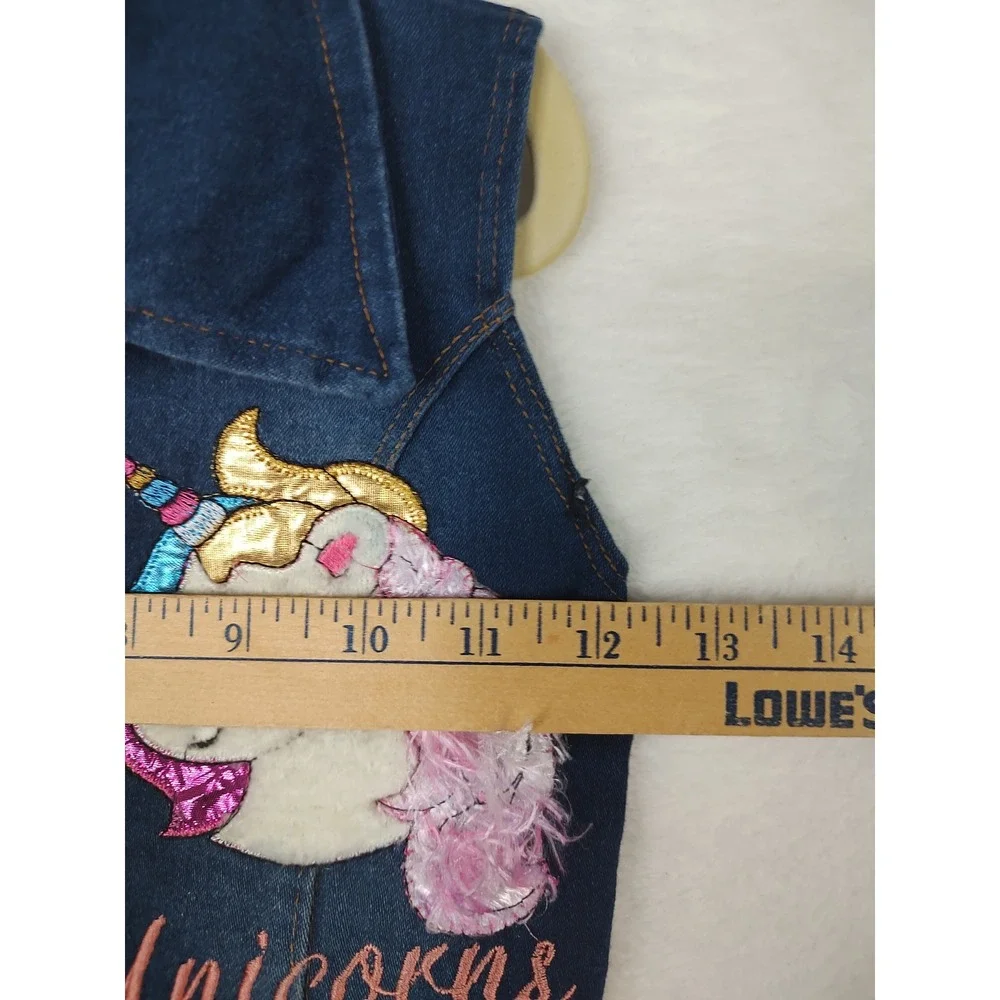 Girls‎ Blue Denim Sleeveless Unicorn Embroidered Belted Button Front Dress